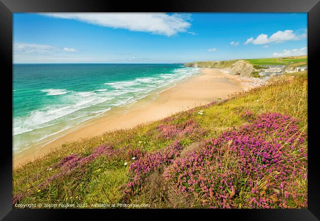 Heather above Watergate Bay, Cornwall Framed Print by Justin Foulkes