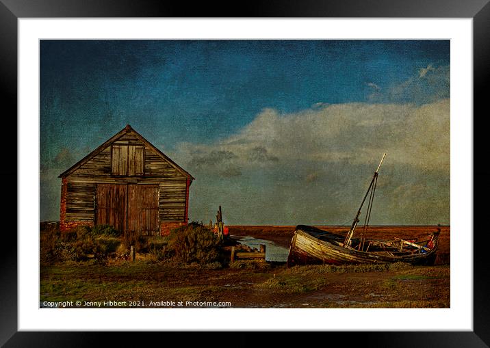 Boathouse & boats near Blakeney Norfolk Framed Mounted Print by Jenny Hibbert
