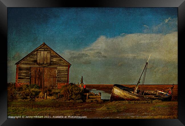 Boathouse & boats near Blakeney Norfolk Framed Print by Jenny Hibbert