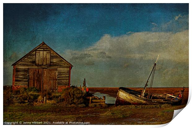 Boathouse & boats near Blakeney Norfolk Print by Jenny Hibbert