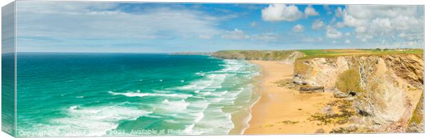 Panoramic view of Watergate Bay, Cornwall Canvas Print by Justin Foulkes