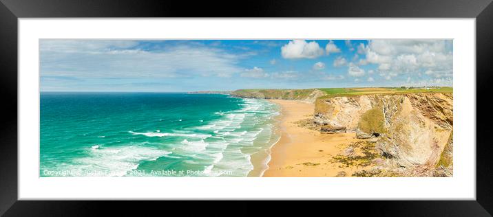 Panoramic view of Watergate Bay, Cornwall Framed Mounted Print by Justin Foulkes