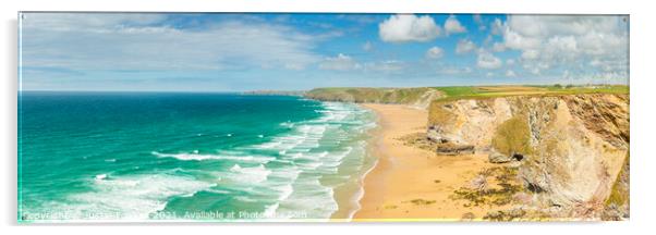Panoramic view of Watergate Bay, Cornwall Acrylic by Justin Foulkes