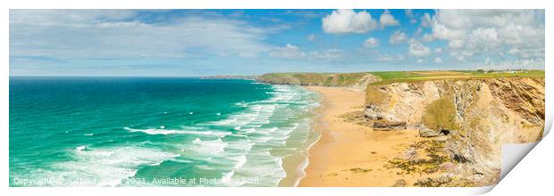Panoramic view of Watergate Bay, Cornwall Print by Justin Foulkes