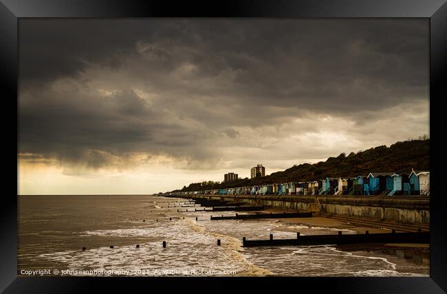 Late afternoon at Frinton on Sea Beach huts Framed Print by johnseanphotography 