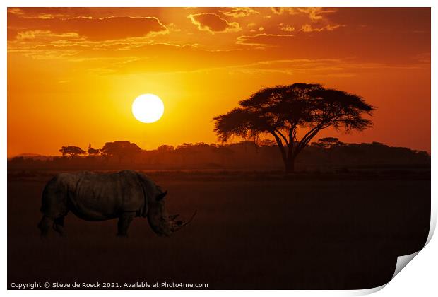 White Rhino At Sunset Print by Steve de Roeck