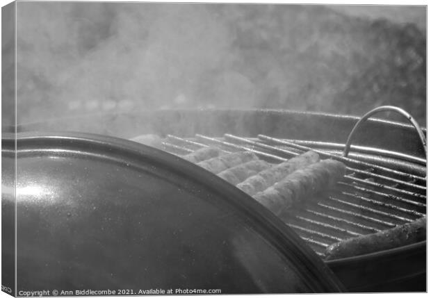 sausages on a barbecue in monochrome Canvas Print by Ann Biddlecombe