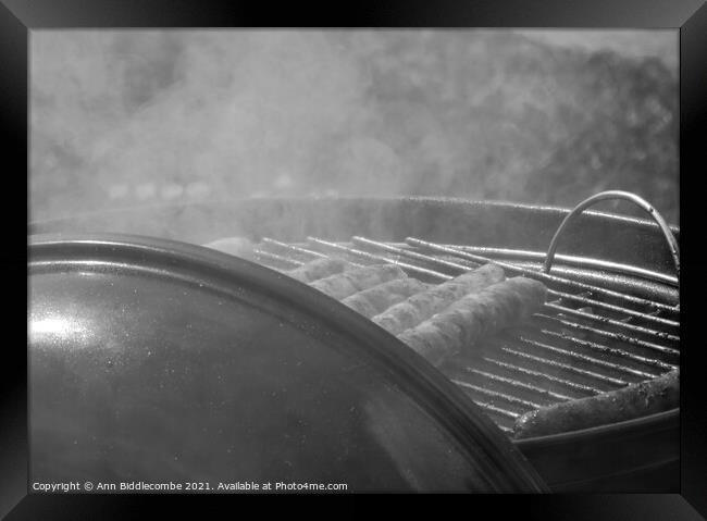 sausages on a barbecue in monochrome Framed Print by Ann Biddlecombe