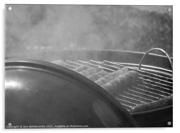 sausages on a barbecue in monochrome Acrylic by Ann Biddlecombe
