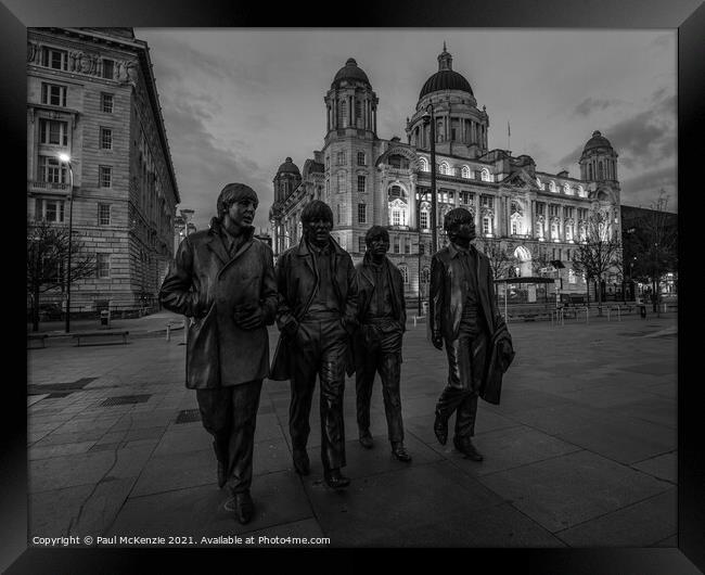 Beatles Statue, black and white. Framed Print by Paul McKenzie