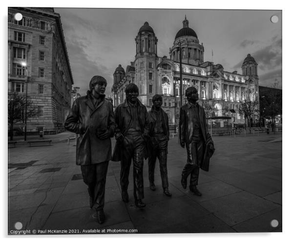 Beatles Statue, black and white. Acrylic by Paul McKenzie