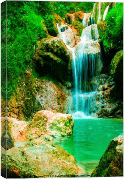 A waterfall flowing over rocks into a river. Canvas Print by Hanif Setiawan