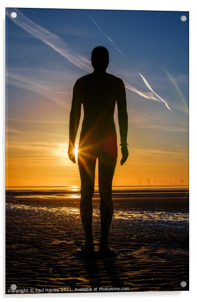 A lonely figure stands silent on Crosby beach Acrylic by Paul Hanley