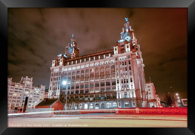 Iconic Royal Liver Building lights up Framed Print by Paul Hanley
