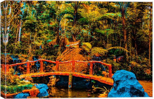 A bamboo bridge at a fish pond in the rain forest  Canvas Print by Hanif Setiawan