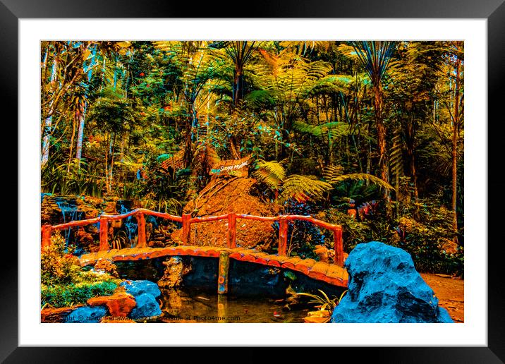 A bamboo bridge at a fish pond in the rain forest  Framed Mounted Print by Hanif Setiawan