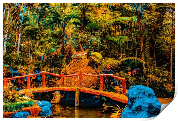 A bamboo bridge at a fish pond in the rain forest  Print by Hanif Setiawan