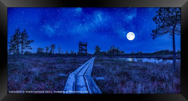 Night view of swamp with observation tower Framed Print by Maria Vonotna