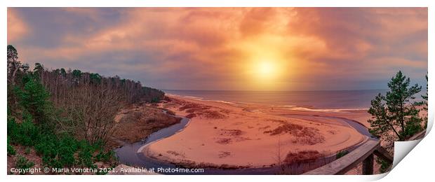 Sunset over beach with sand dunes Print by Maria Vonotna