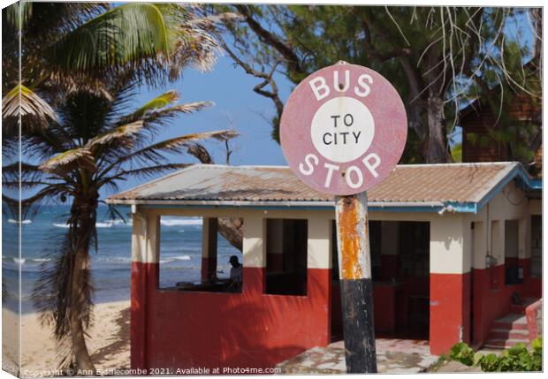 Bus stop in Barbados Canvas Print by Ann Biddlecombe
