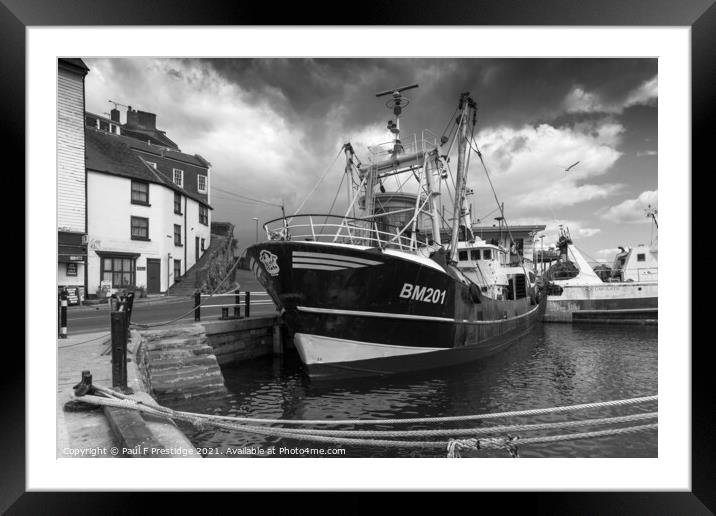 Brixham Trawler at the Quayside Monochrome Framed Mounted Print by Paul F Prestidge