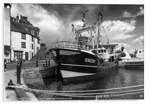 Brixham Trawler at the Quayside Monochrome Acrylic by Paul F Prestidge