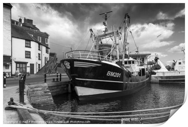 Brixham Trawler at the Quayside Monochrome Print by Paul F Prestidge