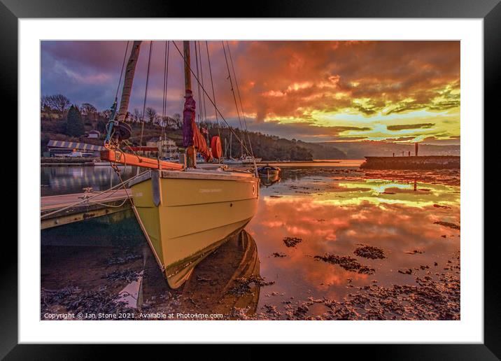 Fiery Sunset over a Cornish Shrimper Framed Mounted Print by Ian Stone