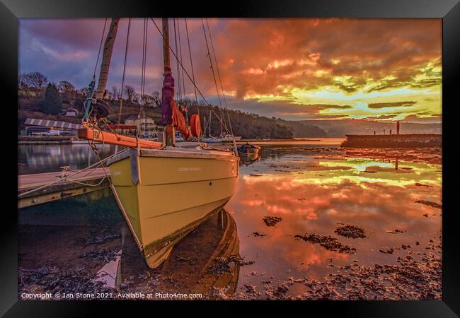 Fiery Sunset over a Cornish Shrimper Framed Print by Ian Stone