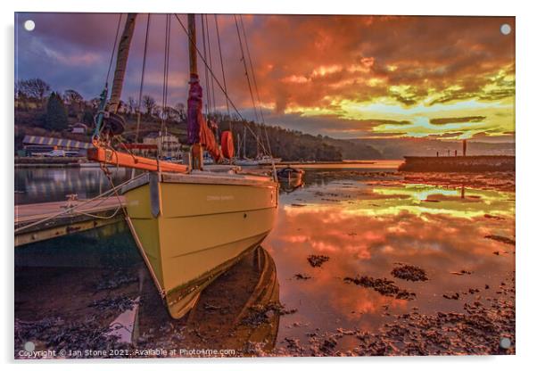 Fiery Sunset over a Cornish Shrimper Acrylic by Ian Stone