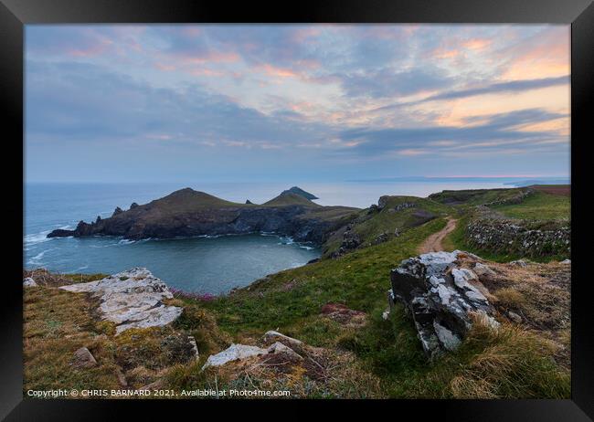 Sunrise over the Rumps on the North Cornish Coast of Cornwall Framed Print by CHRIS BARNARD