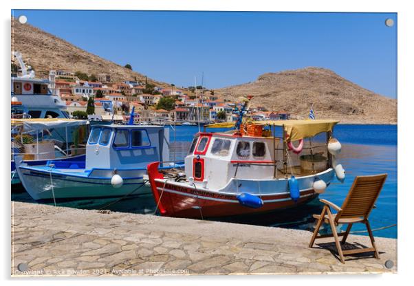 Halki Boats and Chair Acrylic by Rick Bowden