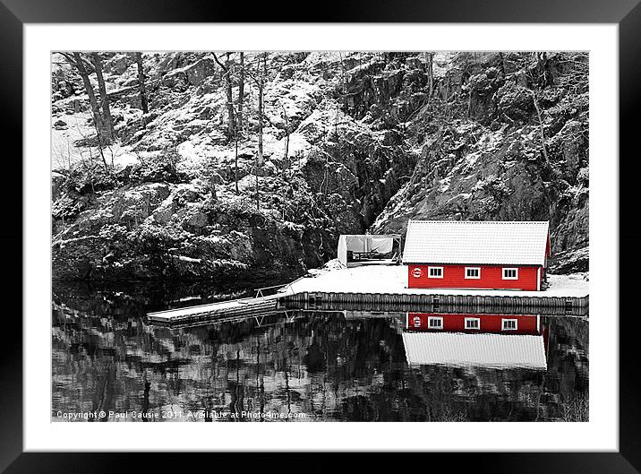 Red Boathouse In Winter Framed Mounted Print by Paul Causie