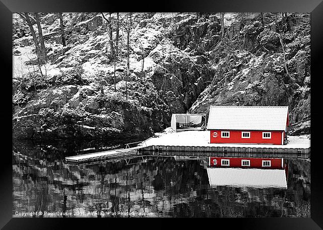 Red Boathouse In Winter Framed Print by Paul Causie