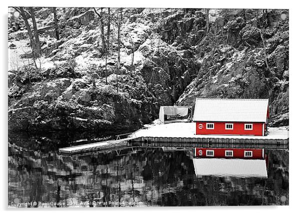 Red Boathouse In Winter Acrylic by Paul Causie