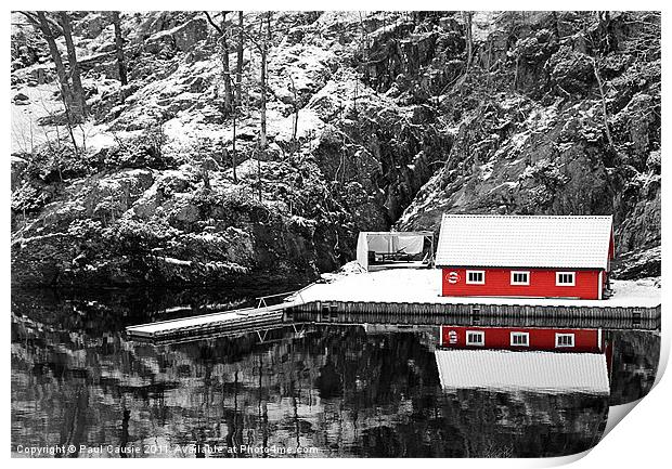 Red Boathouse In Winter Print by Paul Causie