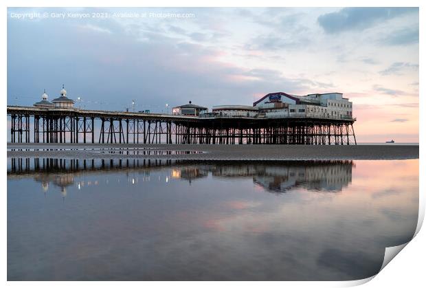Pastel Sunset reflection at North Pier Blackpool Print by Gary Kenyon