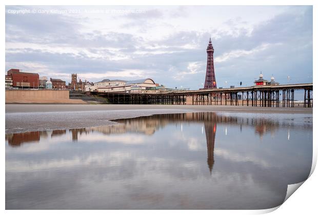 Blackpool Tower and North Pier Reflecting Print by Gary Kenyon