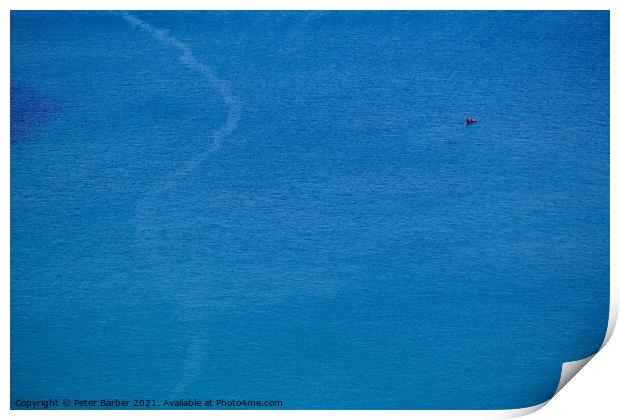 A canoe on the clean blue water of Trebarwith Strand. Print by Peter Barber