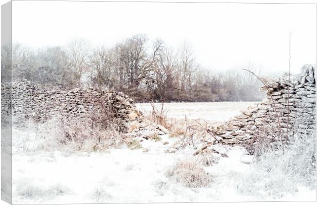 Crumbling stone wall in Winter Canvas Print by Peter Greenway