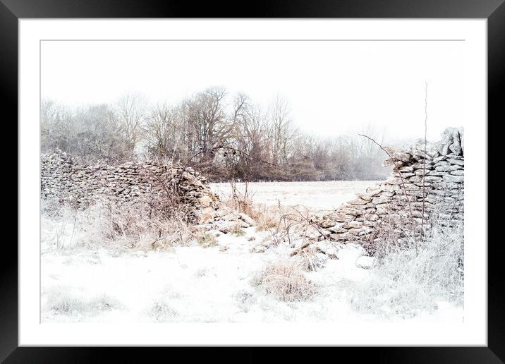 Crumbling stone wall in Winter Framed Mounted Print by Peter Greenway