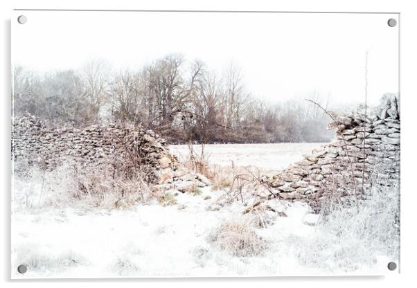 Crumbling stone wall in Winter Acrylic by Peter Greenway