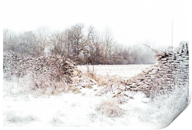 Crumbling stone wall in Winter Print by Peter Greenway