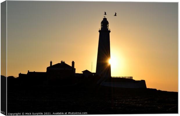 Sunrise biting a chunk out of St Marys Lighthouse Canvas Print by Mick Surphlis