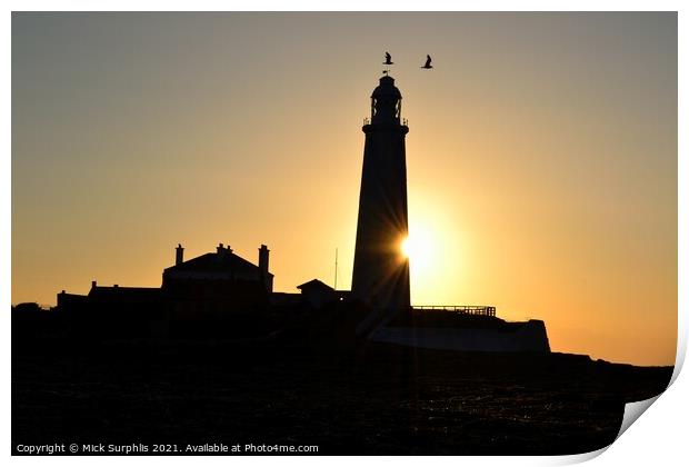 Sunrise biting a chunk out of St Marys Lighthouse Print by Mick Surphlis