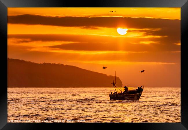 Fishing boat at sunrise Framed Print by Gary Holpin