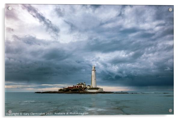 St Marys Lighthouse during a rain storm Acrylic by Gary Clarricoates