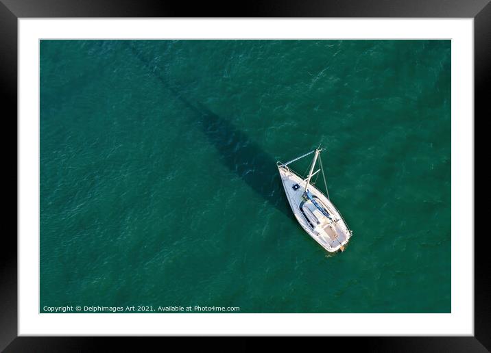 Aerial drone view of a sailing boat  Framed Mounted Print by Delphimages Art
