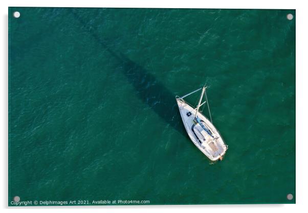 Aerial drone view of a sailing boat  Acrylic by Delphimages Art