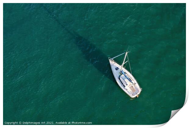 Aerial drone view of a sailing boat  Print by Delphimages Art